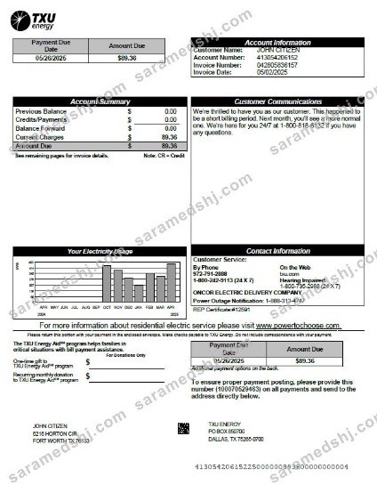 USA TXU Energy utility bill template in Word and PDF formats, version 6